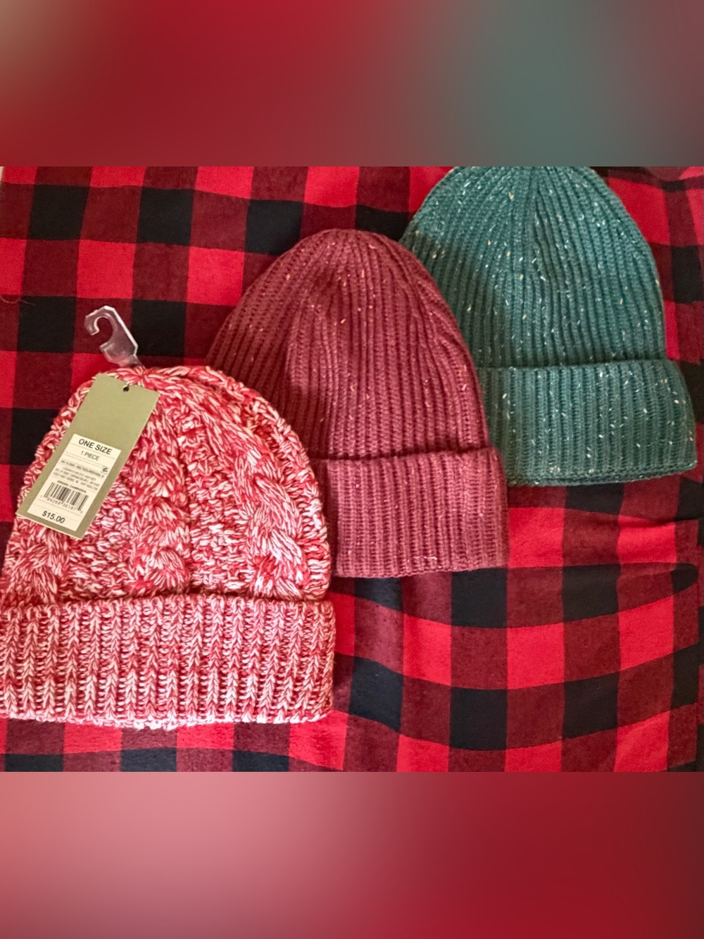 NEW 3-Piece Knit Beanie Hat Bundle Red Green Red & White Winter Hats